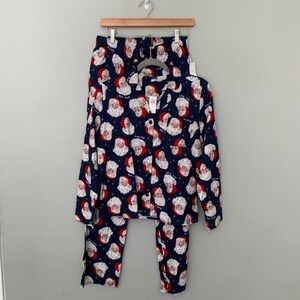 NEW Old Navy Womens Pajama Set Santa Claus Print Button Down Top Pants XS